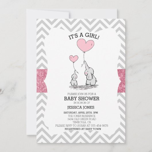 愛らしいママ&ベビーピンクゾウ赤ちゃんシャワー 招待状 (正面)