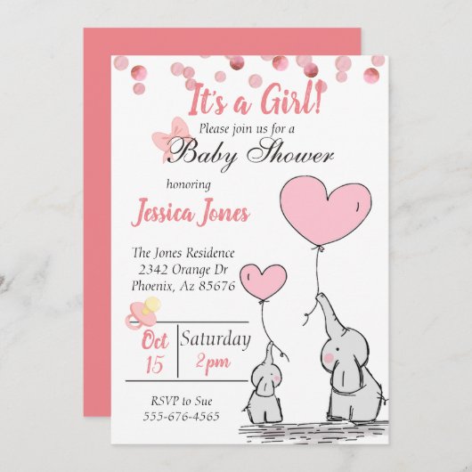 愛らしいママ&ベビーピンクゾウ赤ちゃんシャワー 招待状 (正面/裏面)