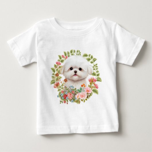 愛らしいマルチーズの子犬の開花で、マルチーズ犬の恋人 ベビーTシャツ (正面)