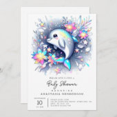 愛らしいマンガ・ドルフィンの赤ちゃんシャワー 招待状 (正面/裏面)
