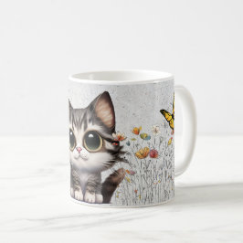愛らしいマンガTabby Cat、花と蝶 コーヒーマグカップ