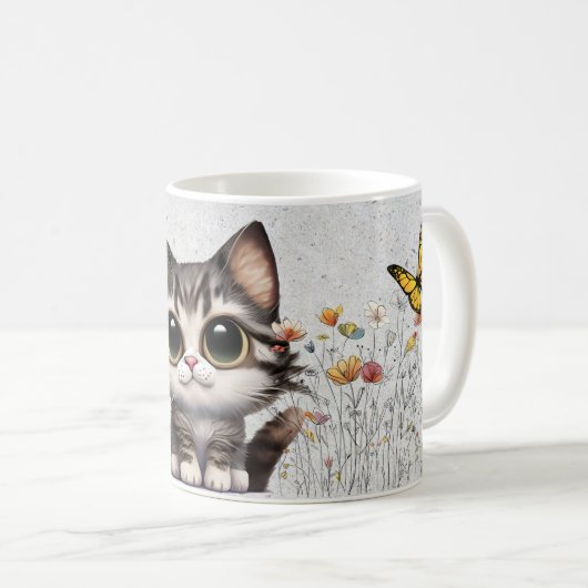 愛らしいマンガTabby Cat、花と蝶 コーヒーマグカップ (正面右)