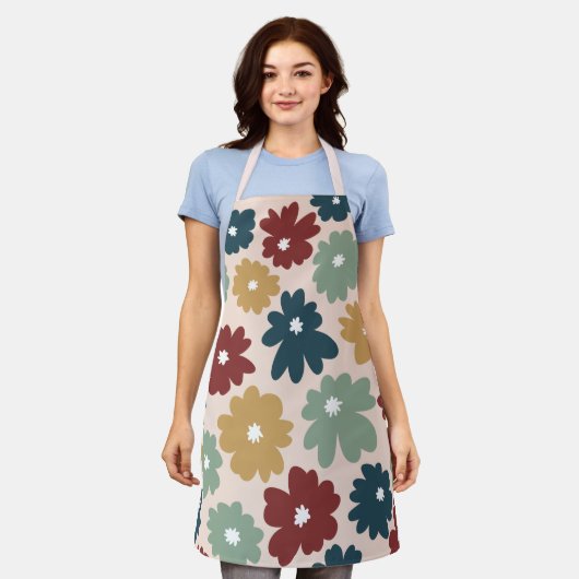 愛らしいミニマルフローラヴィンテージパターンピンク エプロン (着用した状態)