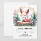 愛らしいモダンキツネ誕生日デジタル 招待状 (正面/裏面)