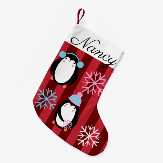 愛らしいモダンクリスマスペンギンと雪片 スモールクリスマスストッキング (正面 (吊り時))