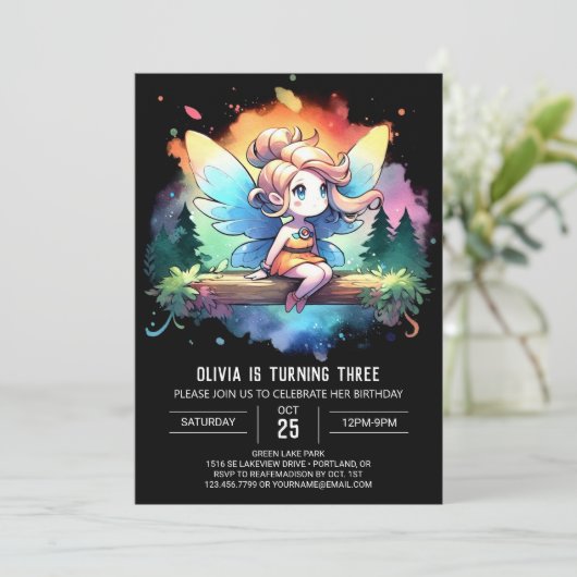 愛らしいモダン妖精誕生日 招待状 (スタンド正面)