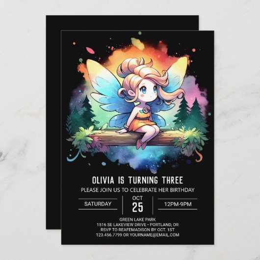 愛らしいモダン妖精誕生日 招待状 (正面/裏面)