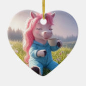 愛らしいユニコーンとコーヒーと自分の写真 セラミックオーナメント (正面)