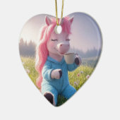 愛らしいユニコーンとコーヒーと自分の写真 セラミックオーナメント (左)