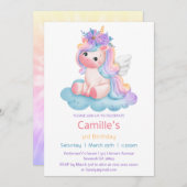 愛らしいユニコーンフローラレインボーガールバースデー 招待状 (正面/裏面)