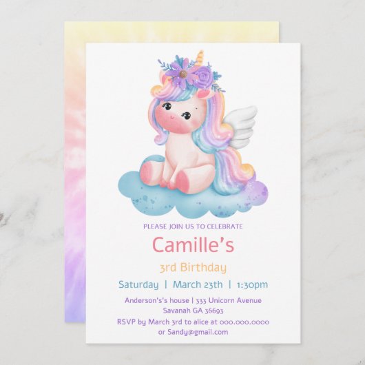 愛らしいユニコーンフローラレインボーガールバースデー 招待状 (正面/裏面)