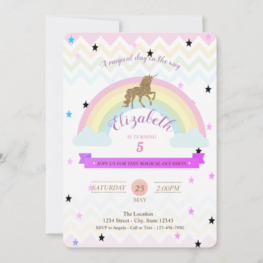 愛らしいユニコーンレインボースター誕生日招待状 招待状 (正面)