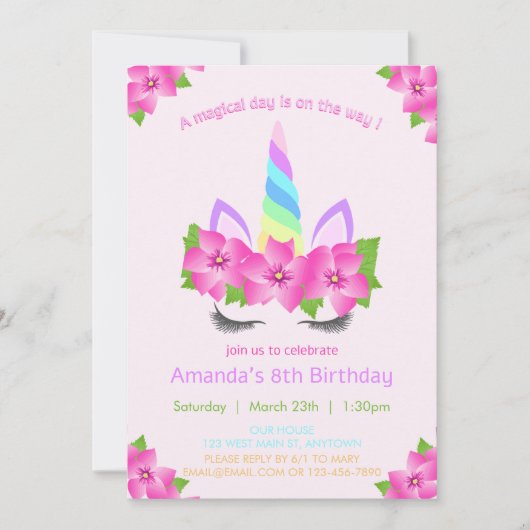 愛らしいユニコーン顔と花模様の女の子の誕生日 招待状 (正面)