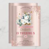 愛らしいユニコーン，バラ金ゴールドドリプス誕生日 招待状 (正面/裏面)