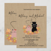 愛らしいユーモアのある花柄の漫画の猫が恋に落ちた麻の織物 招待状 (正面/裏面)