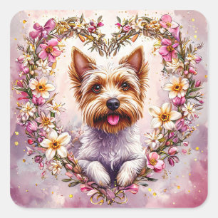 愛らしいヨークシャテリアのボタニカルアート 💖犬のデザイン スクエアシール