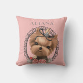 愛らしいヨークシャーテリア子犬ピンクフローラ クッション (正面)