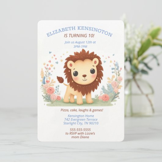 愛らしいライオンをテーマにした誕生日パ子供へーティー 招待状 (スタンド正面)