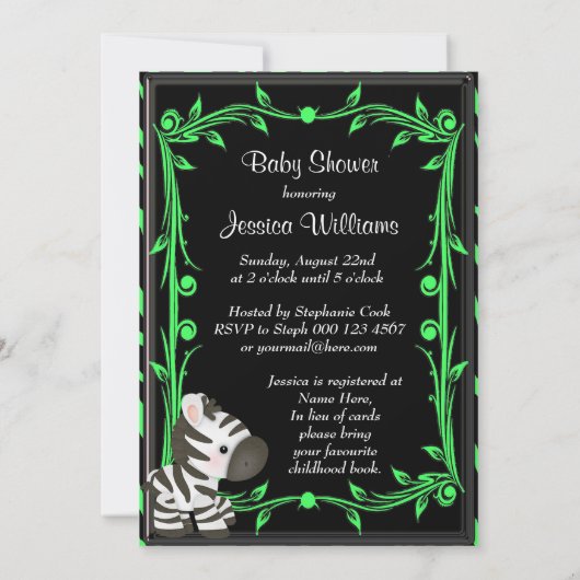 愛らしいライムグリーンゼブラベビーシャワー 招待状 (裏面)