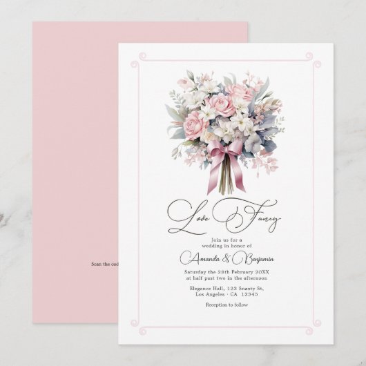 愛らしいラブファンシー パステルフラワーの結婚式QRコード 招待状 (正面/裏面)