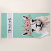 愛らしいラマ山花ティール（緑がかった色）名子の動物 ビーチタオル (正面)