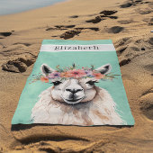 愛らしいラマ山花ティール（緑がかった色）名子の動物 ビーチタオル