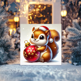 愛らしいリスがホリデーオーナメントを抱えるカード シーズンカード