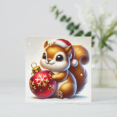 愛らしいリスがホリデーオーナメントを抱えるカード シーズンカード (スタンド正面)