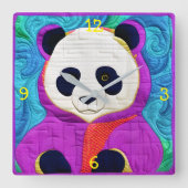 愛らしいリトルパンダ – キルト風デザイン スクエア壁時計 (正面)