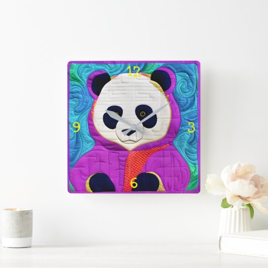 愛らしいリトルパンダ – キルト風デザイン スクエア壁時計 (ホーム)