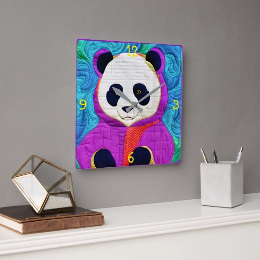 愛らしいリトルパンダ – キルト風デザイン スクエア壁時計 (オフィス)