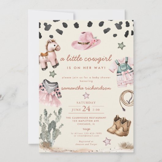 愛らしいリトル女性のカーボーイは途中の女の子の赤ちゃんシャワー 招待状 (正面)