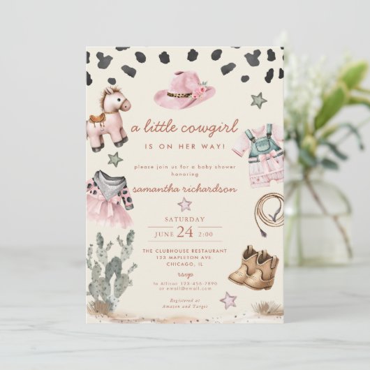 愛らしいリトル女性のカーボーイは途中の女の子の赤ちゃんシャワー 招待状 (スタンド正面)