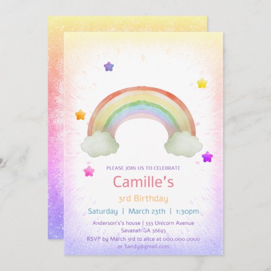愛らしいレインボーガール誕生日 招待状 (正面/裏面)