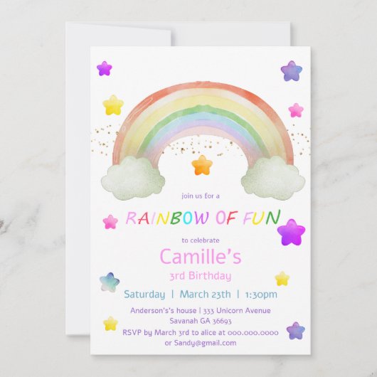 愛らしいレインボースターガールバースデー 招待状 (正面)