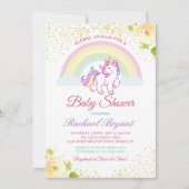 愛らしいレインボーユニコーンイエローフローラベビーシャワー 招待状 (正面)