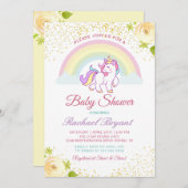 愛らしいレインボーユニコーンイエローフローラベビーシャワー 招待状 (正面/裏面)