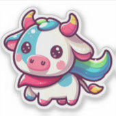 愛らしいレインボー色の牛とプレイフチャーム シール (正面)