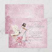 愛らしいレトロなピンクのコウテイペンギン ベビーシャワー 招待状 (正面/裏面)