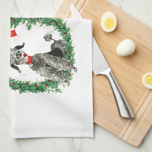 愛らしいレトロのクリスマスのプードルのリースのカスタム キッチンタオル (四つ折り)