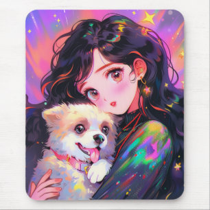 愛らしいレトロアニメガール&彼女の犬 マウスパッド