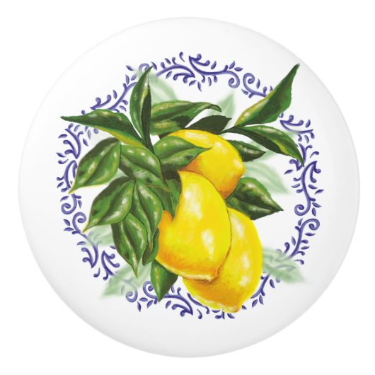 愛らしいレモンと青いトワル セラミックノブ (正面)