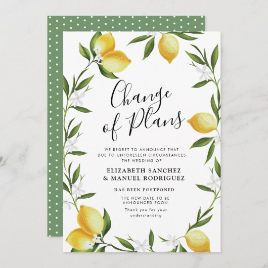 愛らしいレモンの葉　延期された結婚式のカード 招待状 (正面/裏面)