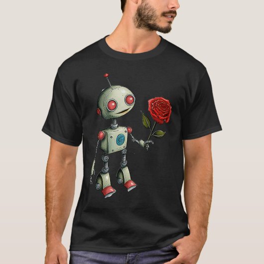 愛らしいロボットがバラの花を配る Tシャツ (正面)