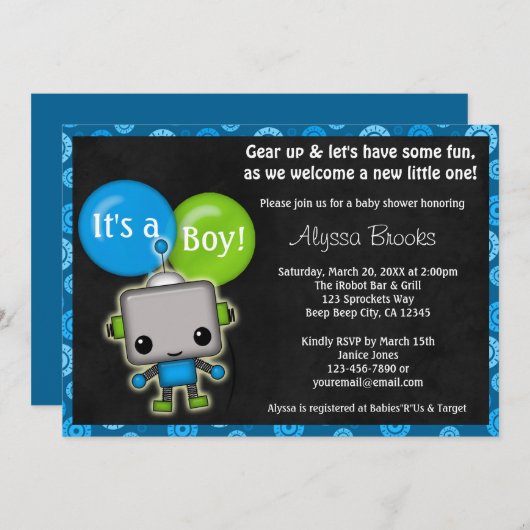 愛らしいロボット赤ちゃんシャワー招待状少年 招待状 (正面/裏面)