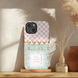 愛らしいローズのチェック柄パステルフラワー ゴールドの鳩の信仰 iPhone 15ケース