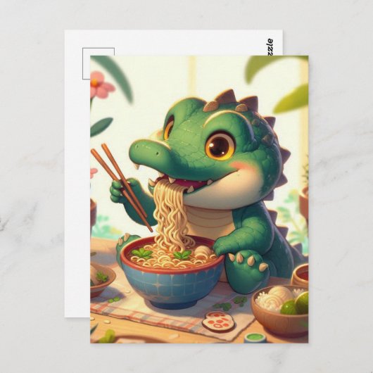 愛らしいワニ食べゲーター麺 ポストカード (正面/裏面)