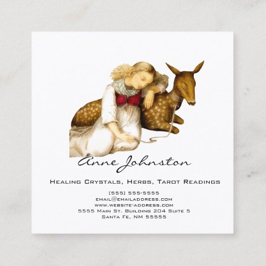 愛らしいヴィンテージの少女と鹿 スクエア名刺 (裏面)