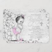 愛らしいヴィンテージピンクとグレーの洗礼 招待状 (正面/裏面)