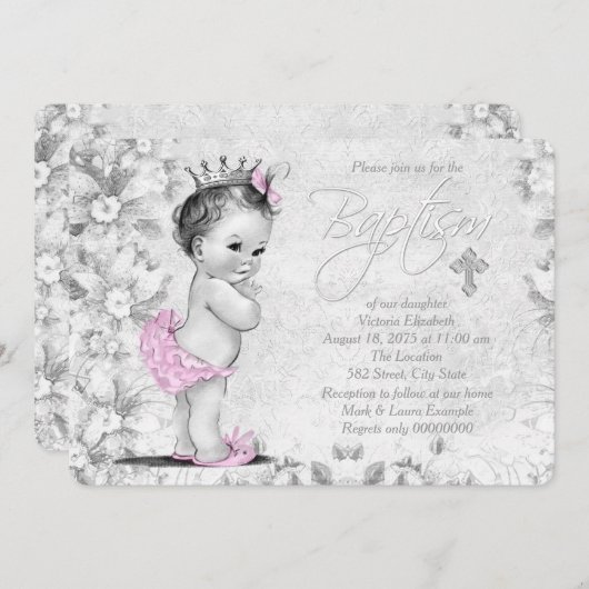 愛らしいヴィンテージピンクとグレーの洗礼 招待状 (正面/裏面)